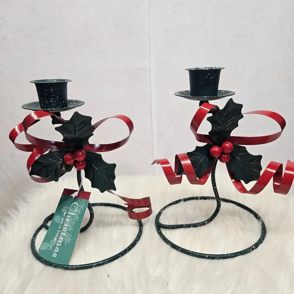 Y2K Green Candle Holder Holly Mistletoe Christmas Metal Candle Holders set of 2